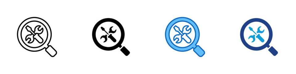 Tool Analysis Multiple Style Icon Design Vector - Magnifying glass over crossed tools, symbolizing diagnostics, repair check, system inspection, or tool review