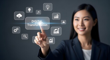 Digital transformation strategy: woman using digital interface for business transformation tech