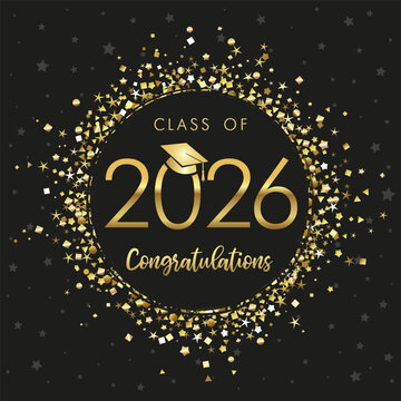 Сlass of 2026, golden glitter graduation banner. Vector template for design party high school or college. Congrats Graduation 2026 with academic cap