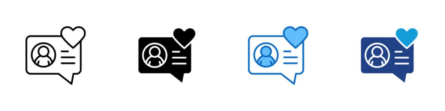 Customer Love Multiple Style Icon Design Vector - chat bubble with a user profile and heart, symbolizing customer appreciation, loyalty, and positive interaction