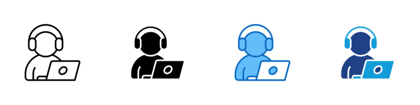 Tech Support Multiple Style Icon Design Vector - Person with a headset using a laptop, symbolizing online technical support or remote assistance