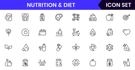 Nutrition and Diet, Healthy Food, and Detox Diet Vector Icons. Contains such Icons as Metabolism, Caunt Calories, Palm oil free, Zero trans fat, Probiotics, and more. Simple Outline icons collection.