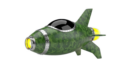 Camouflage Pattern Rocket Ship With Yellow Jet Engine and Silver Accents on Transparent Background...