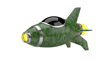 Camouflage Pattern Rocket Ship With Yellow Jet Engine and Silver Accents on Transparent Background Side View
