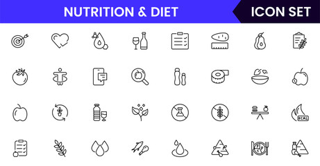 Nutrition and Diet, Healthy Food, and Detox Diet Vector Icons. Contains such Icons as Metabolism, Caunt Calories, Palm oil free, Zero trans fat, Probiotics, and more. Simple Outline icons collection.
