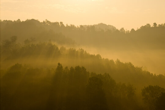 Misty hills unfold in Hubei province, China, as soft light bathes the rolling landscape.