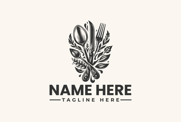 Black and white illustration of a restaurant logo with a fork, spoon, and leaves on a beige background, conveying a culinary theme with a simple, elegant design.