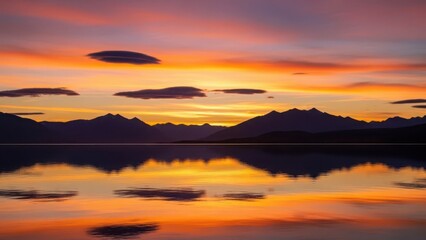 Fototapeta premium Dramatic sunset colors reflecting on still water and mountains