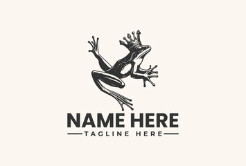 A black vector illustration of a frog jumping above placeholder text on a beige background, with a simple logo design.
