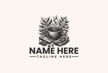 Black and white vector illustration of a steaming coffee cup surrounded by leaves and cinnamon sticks with a logo template on a clean white background.