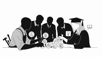 Individuals attend education business meeting, professionals and graduate exchange ideas at table. Icons represent concepts, fostering innovation during education business meeting.