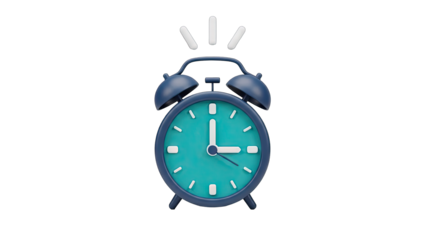 Blue Metal Twin Bell Alarm Clock with Teal Face and White Numerals Rings Loudly with Light Rays on a Transparent Background