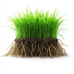 Fototapeta premium Clump of bright green grass with visible roots and soil on white