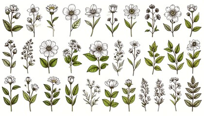 A collection of meticulously drawn botanical illustrations with various floral designs and foliage rendered in a vintage style