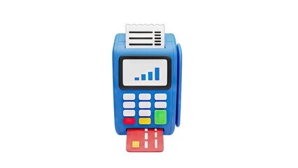 Blue Payment Terminal with Credit Card Inserted and Graph Display on Screen on Transparent Background