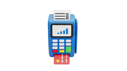 Blue Payment Terminal with Credit Card Inserted and Graph Display on Screen on Transparent Background