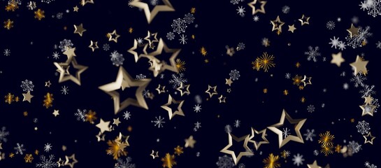 Abstract design of golden stars and snowflakes on a dark blue background. Perfect for holiday greetings and cel © vegefox.com