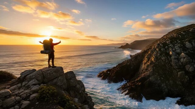 Person on rocky outcrop enjoying sunset view over ocean