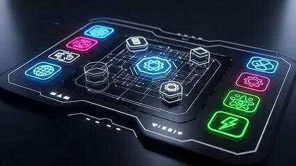 Futuristic control panel with glowing neon icons and digital interface elements