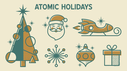 Retro atomic holidays illustration with Christmas tree, Santa, rocket sleigh, ornament, gift, and snowflake in mid-century modern style.