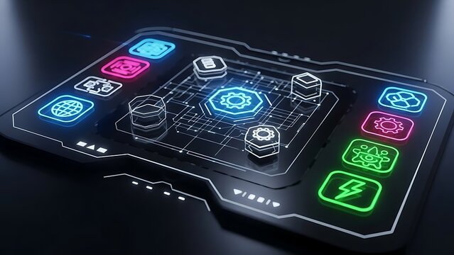 Futuristic control panel with glowing neon icons and digital interface elements - Powered by Adobe