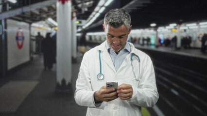 Doctor man in white coat with stethoscope holding smartphone and looking down in building; focus...