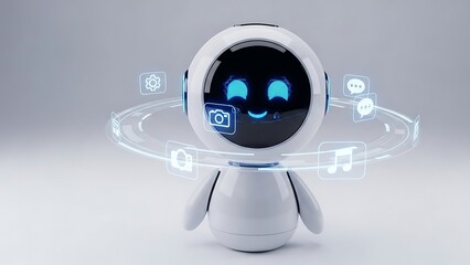 Cute white robot character with glowing blue digital interface and holographic icons floating around