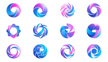 A collection of twelve abstract circular designs, each with a vibrant gradient of blues and purples. The shapes evoke movement