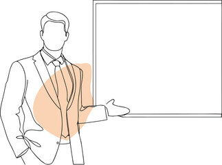 Businessman gesturing towards a blank presentation board with abstract shape empty