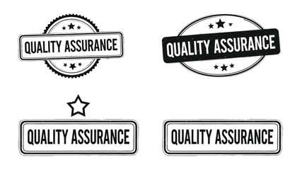A collection of quality assurance badges and seals in a black and white design