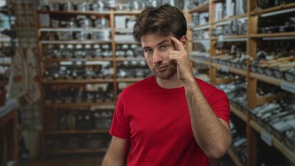 Man with finger to temple in a shop building wearing a red t shirt and relaxed expression; thoughtful contemplation.
