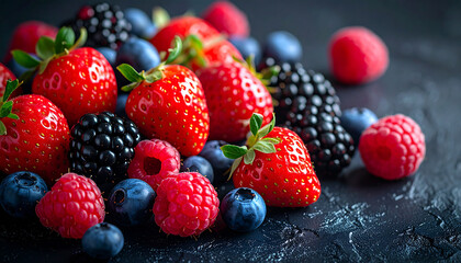 Obraz premium Fresh assortment of berries. Strawberries, blueberries, raspberries and blackberries
