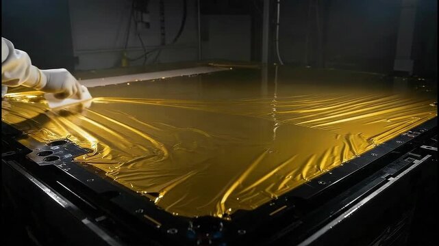 Gold Kapton installation process in slow motion showing wrinkles smoothing out on the panel surface