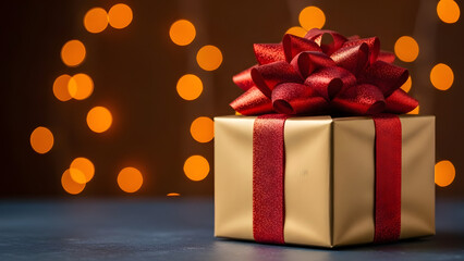 Elegant gift box with a red ribbon against a warm bokeh background