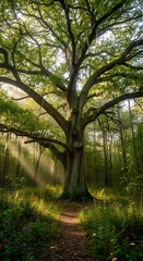 Obraz premium A towering tree, its gnarled branches reaching towards the sun-drenched sky, dominates a lush forest scene. Beams of light pierce