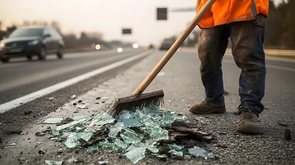 Worker sweeps up broken glass on a busy road, ensuring safety. Debris and caution are key for smooth traffic flow. Responsible road maintenance matters on roadway.