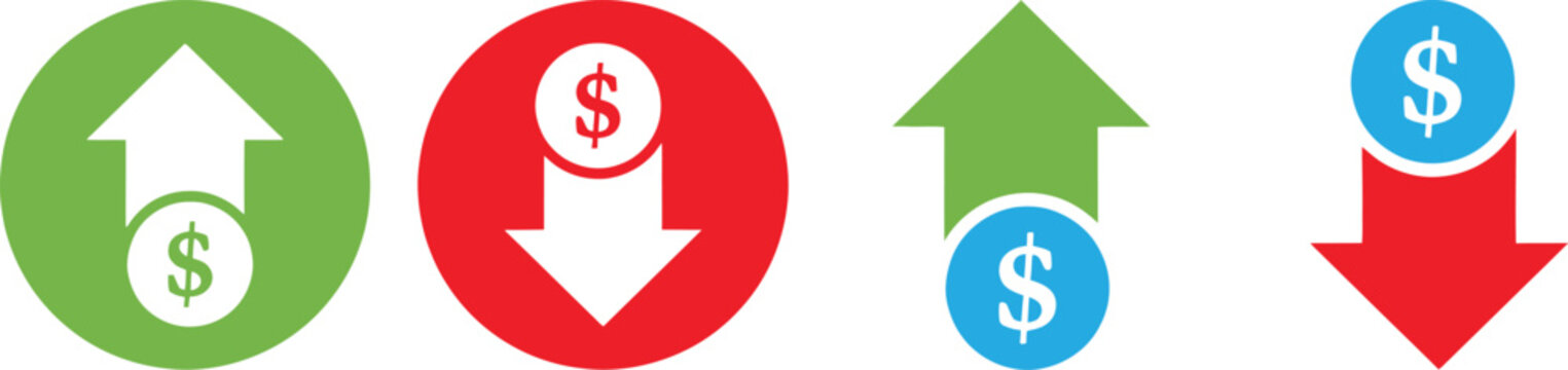Dollar Up Down Icon Set Understanding energy cost fluctuations up and down with dollar coin Money increase or decrease icon set. dollar decrease increase symbol. profit and lose icons with arrow 