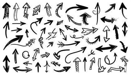 A collection of various arrows, in diverse shapes and pointing directions, hand drawn with a black ink aesthetic against a white backdrop