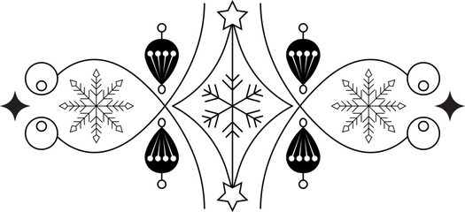Elegant symmetrical snowflake and Christmas ornament decorative border set, minimalist festive line art dividers for greeting cards and holiday design