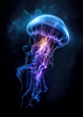 A vibrant jellyfish drifts through the dark ocean depths, its tentacles glowing with electric colors. The scene captures the enchanting beauty of marine life in a serene underwater world.