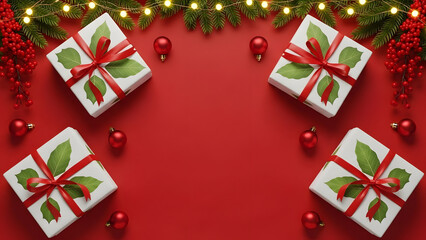 Festive christmas gifts with red ribbon and holly on a vibrant red background