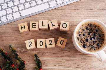 Directly above shot of Hello 2022 on wood block New year concept