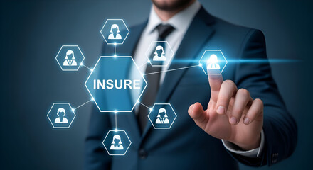 Businessman in suit interacting with glowing insure network diagram with connected people icons