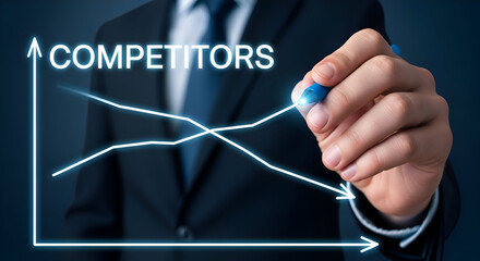 Businessman drawing competitors graph with marker on transparent screen, analyzing market trends and competition growth