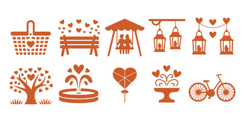Romantic Park Icon Set in Orange Line Style