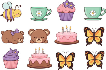 Adorable collection of tea cups, cupcakes, bears, bees, butterflies, and birthday cakes, perfect for kawaii designs, stickers, and kids artwork
