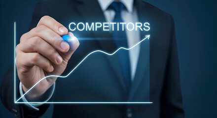 Businessman drawing a line graph with competitors, illustrating market trends and analysis with a blue marker on a transparent screen, symbolizing growth and strategy