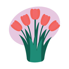 Red Tulip Cluster with Green Stems and Purple Background