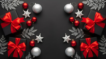 Festive christmas arrangement with ornaments ribbons and decorative snowflake patterns