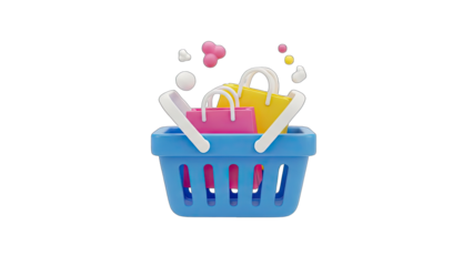 Blue Shopping Basket Filled With Pink Yellow and White Paper Bags and Small Colorful Spheres Floating Around Them Isolated On Transparent Background